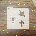 Stencil temática bautismo o comunión 3 figuras cruz , cáliz y paloma