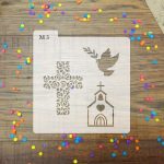 Stencil temática bautismo o comunión 3 figuras cruz labrada, paloma e iglesia