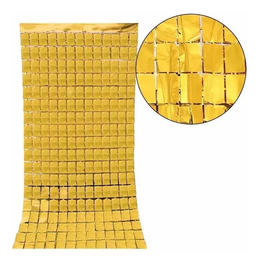 cortina metalizada cuadros dorada