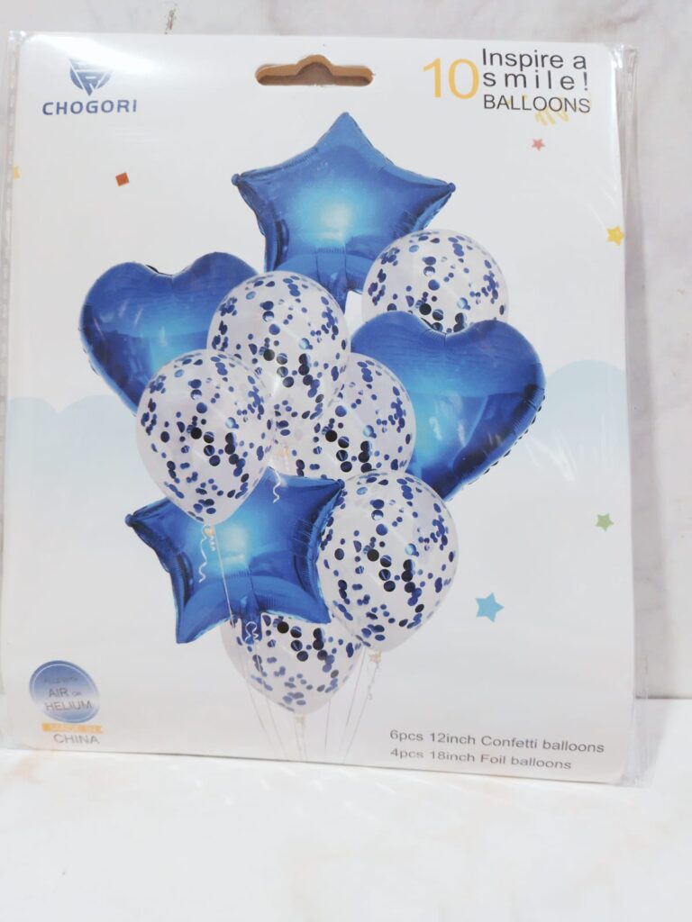 Set de 10 globos 4 figuras y cristal confetti azul
