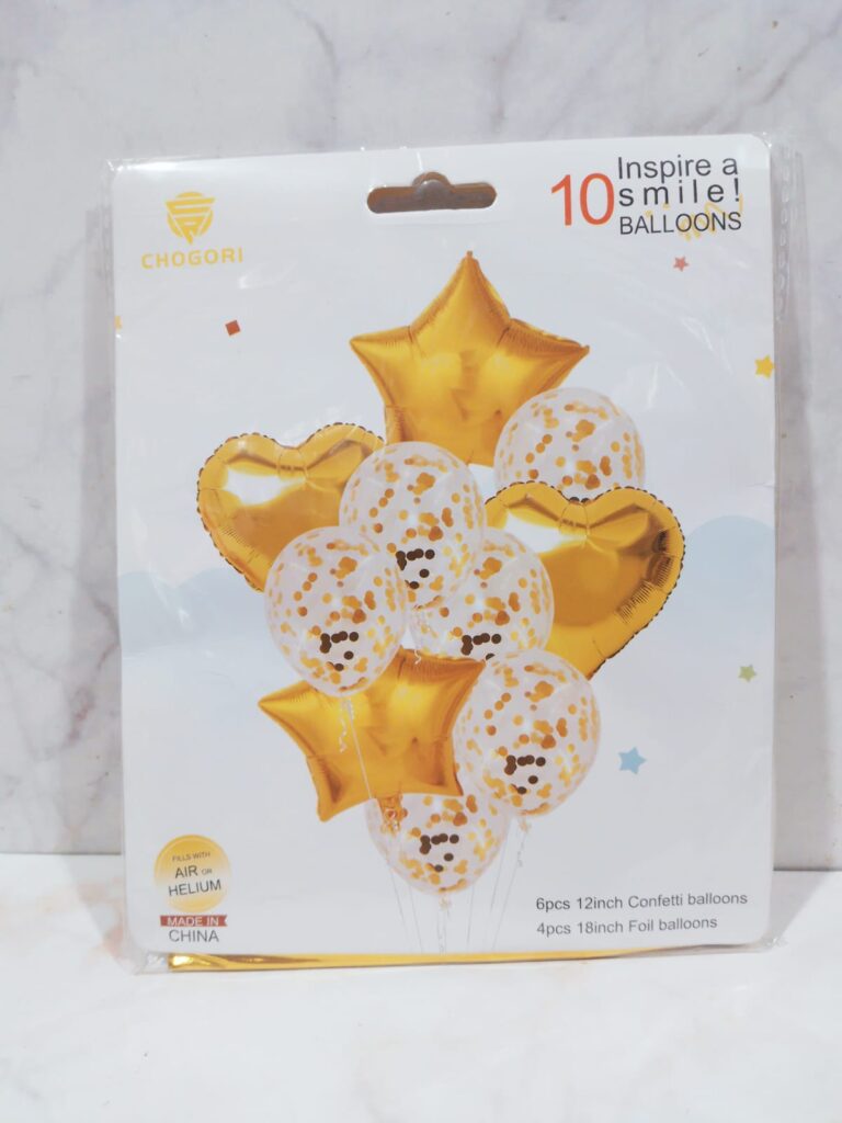 Set de 10 globos 4 figuras y cristal confetti dorado