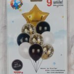 Set de 9 globos perlados y confeti estrella dorada y negro