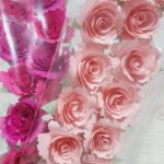 Set de 12 flores de cartulina con hojas color fucsia