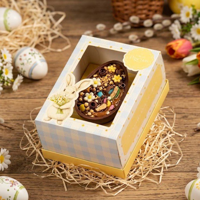 Caja para medio huevo de pascuas con visor Caja con visor estampada para medio huevo de pascuas x 10 unidades - Imagen 1