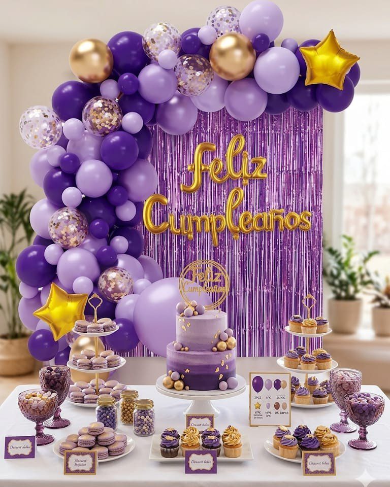 Set de decoracion con globos cortinas lila y dorado