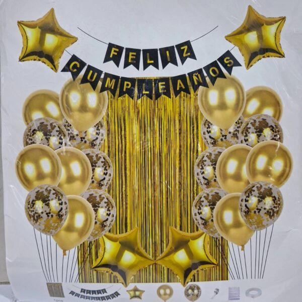 Set de decoración con globos banderín y cortina x 29 piezas dorado - Imagen 2