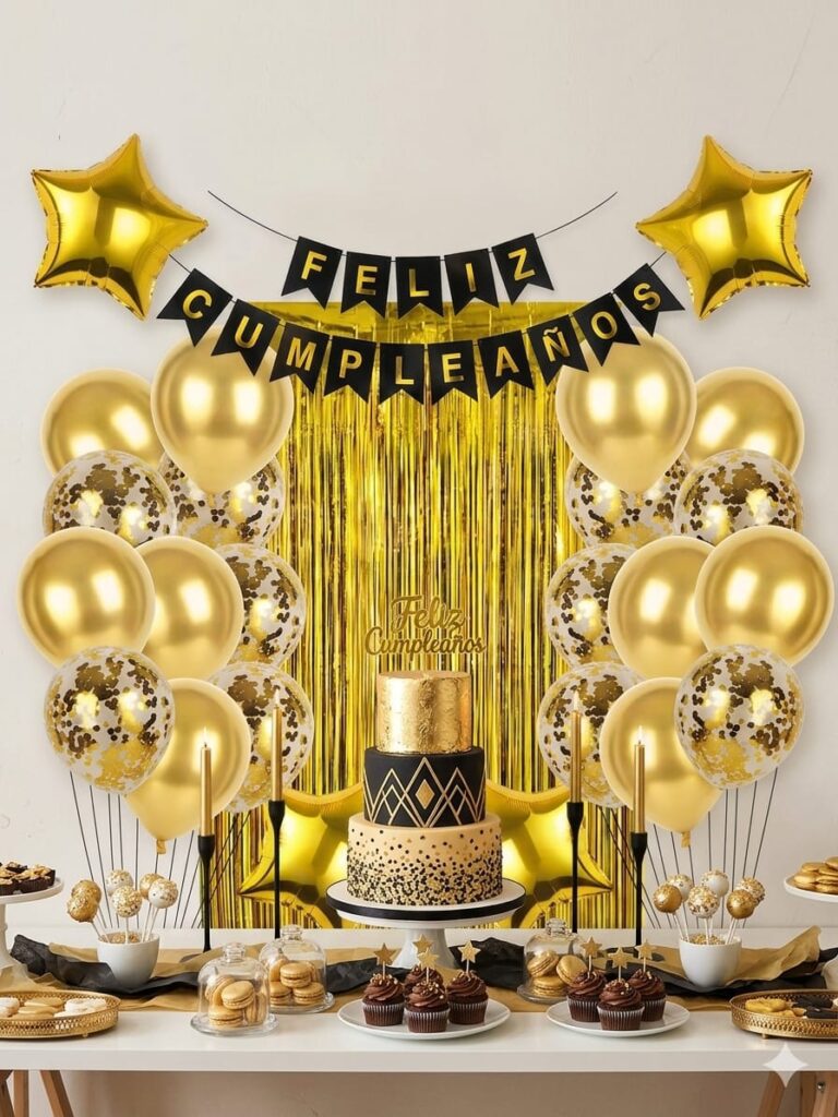 Set de decoracion globos dorados simulacion