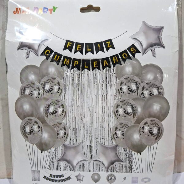 Set de decoración con globos banderín y cortina x 29 piezas plateado - Imagen 2