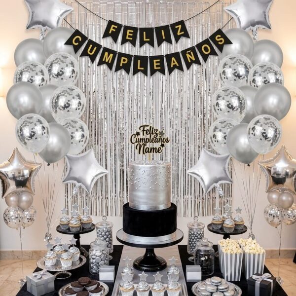 Set de decoración con globos banderín y cortina x 29 piezas plateado