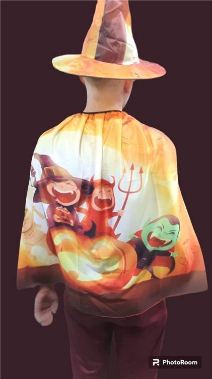 13112577-212d-4be5-be0d-02b5dce982a9 Set de capa y gorro de brujo diseño niños Halloween - Imagen 1