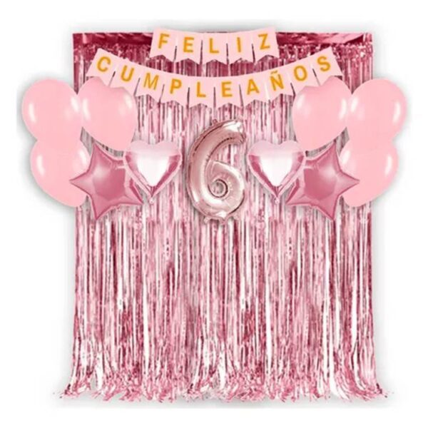 Set de decoración con globos banderín y cortina plata y fucsia 2 - Imagen 2