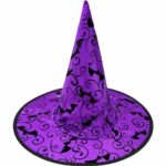 Gorro de bruja Halloween violeta con murciélagos negros